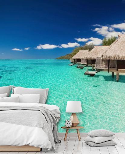 mural de papel pintado de playa tropical azul llamado Ocean View Villas para hogares, oficinas y negocios