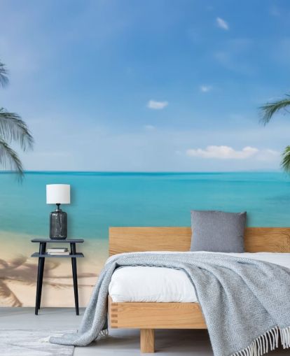 blue and gold custom beach wallpaper mural called Tropical Beach Panoramic for offices, bedrooms and waiting rooms