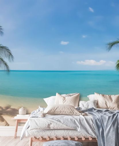 sininen ja kultainen mukautettu rantatapetti seinämaalaus nimeltä Tropical Beach Panoramic toimistoihin, makuuhuoneisiin ja odotushuoneisiin