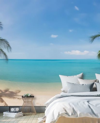 maßgeschneiderte Strandtapete in Blau und Gold namens Tropical Beach Panoramic für Büros, Schlafzimmer und Wartezimmer