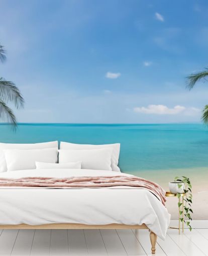 blå og guld tilpasset strand tapet vægmaleri kaldet Tropical Beach Panoramic til kontorer, soveværelser og venteværelser