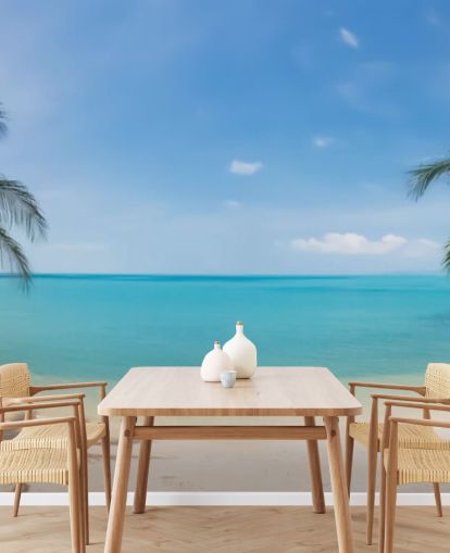 blått og gull tilpasset strandtapet veggmaleri kalt Tropical Beach Panoramic for kontorer, soverom og venterom blått og gull tilpasset strandtapet veggmaleri kalt Tropical Beach Panoramic for kontorer, soverom og venterom