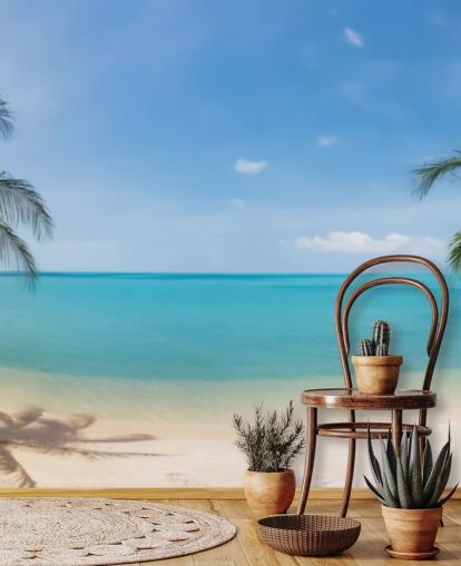 carta da parati murale personalizzata da spiaggia blu e oro chiamata Tropical Beach Panoramic per uffici, camere da letto e sale d'attesa carta da parati murale personalizzata da spiaggia blu e oro chiamata Tropical Beach Panoramic per uffici, camere da letto e sale d'attesa