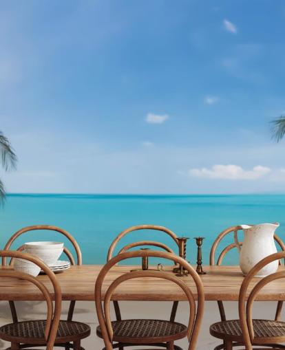 carta da parati murale personalizzata da spiaggia blu e oro chiamata Tropical Beach Panoramic per uffici, camere da letto e sale d'attesa carta da parati murale personalizzata da spiaggia blu e oro chiamata Tropical Beach Panoramic per uffici, camere da letto e sale d'attesa