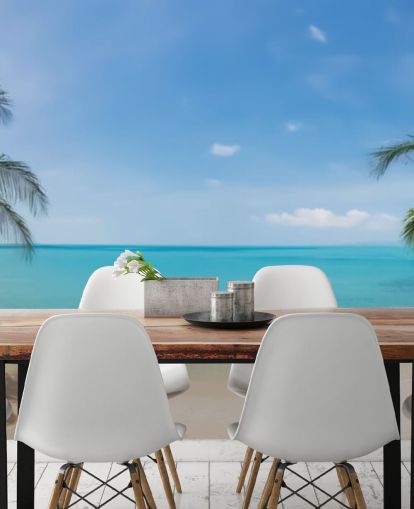 maßgeschneiderte Strandtapete in Blau und Gold namens Tropical Beach Panoramic für Büros, Schlafzimmer und Wartezimmer