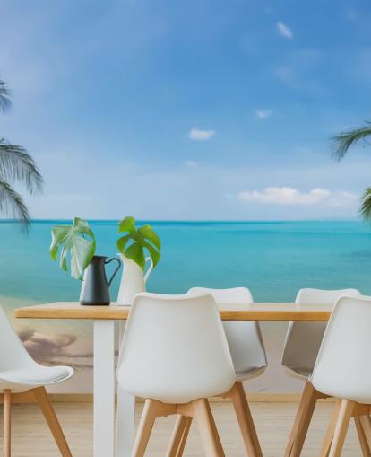 mural de papel pintado de playa personalizado azul y dorado llamado Tropical Beach Panoramic para oficinas, dormitorios y salas de espera