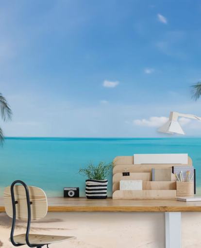 carta da parati murale personalizzata da spiaggia blu e oro chiamata Tropical Beach Panoramic per uffici, camere da letto e sale d'attesa