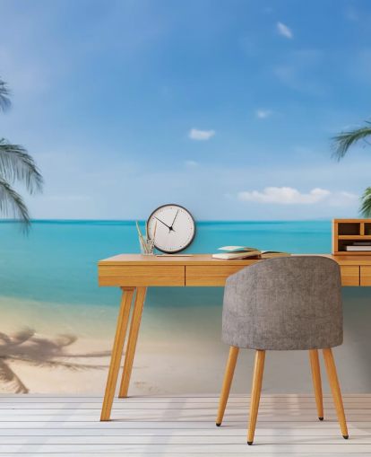 sininen ja kultainen mukautettu rantatapetti seinämaalaus nimeltä Tropical Beach Panoramic toimistoihin, makuuhuoneisiin ja odotushuoneisiin sininen ja kultainen mukautettu rantatapetti seinämaalaus nimeltä Tropical Beach Panoramic toimistoihin, makuuhuoneisiin ja odotushuoneisiin
