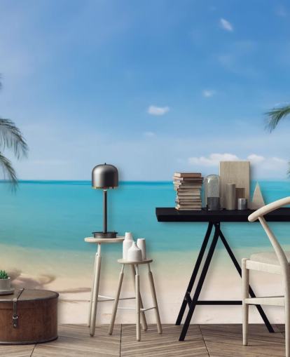 mural de papel pintado de playa personalizado azul y dorado llamado Tropical Beach Panoramic para oficinas, dormitorios y salas de espera