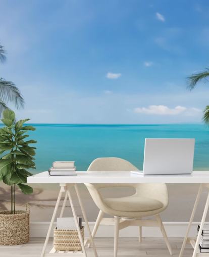 mural de papel pintado de playa personalizado azul y dorado llamado Tropical Beach Panoramic para oficinas, dormitorios y salas de espera mural de papel pintado de playa personalizado azul y dorado llamado Tropical Beach Panoramic para oficinas, dormitorios y salas de espera