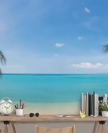 mural de papel pintado de playa personalizado azul y dorado llamado Tropical Beach Panoramic para oficinas, dormitorios y salas de espera