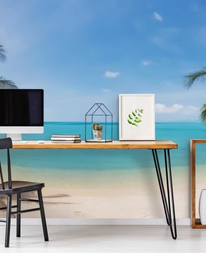 blå og guld tilpasset strand tapet vægmaleri kaldet Tropical Beach Panoramic til kontorer, soveværelser og venteværelser blå og guld tilpasset strand tapet vægmaleri kaldet Tropical Beach Panoramic til kontorer, soveværelser og venteværelser