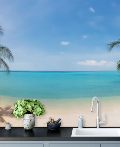 mural de papel pintado de playa personalizado azul y dorado llamado Tropical Beach Panoramic para oficinas, dormitorios y salas de espera