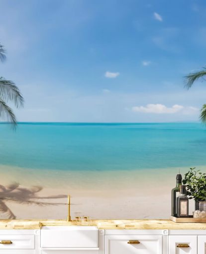 mural de papel pintado de playa personalizado azul y dorado llamado Tropical Beach Panoramic para oficinas, dormitorios y salas de espera