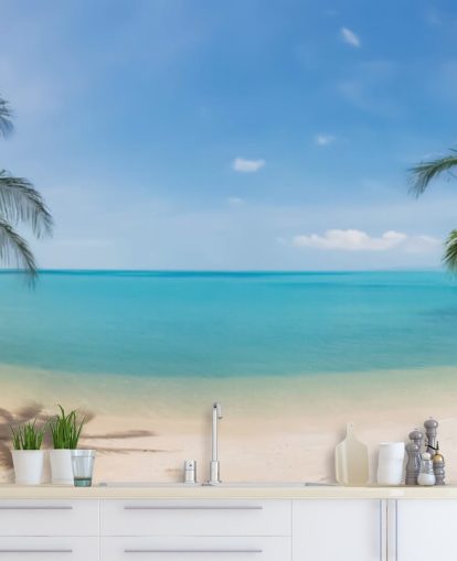 blue and gold custom beach wallpaper mural called Tropical Beach Panoramic for offices, bedrooms and waiting rooms