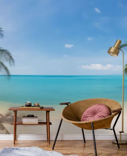 blue and gold custom beach wallpaper mural called Tropical Beach Panoramic for offices, bedrooms and waiting rooms blue and gold custom beach wallpaper mural called Tropical Beach Panoramic for offices, bedrooms and waiting rooms