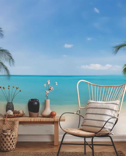 blått og gull tilpasset strandtapet veggmaleri kalt Tropical Beach Panoramic for kontorer, soverom og venterom