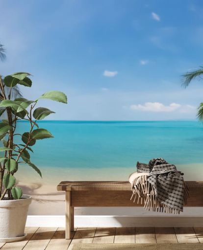 maßgeschneiderte Strandtapete in Blau und Gold namens Tropical Beach Panoramic für Büros, Schlafzimmer und Wartezimmer