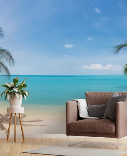 blue and gold custom beach wallpaper mural called Tropical Beach Panoramic for offices, bedrooms and waiting rooms