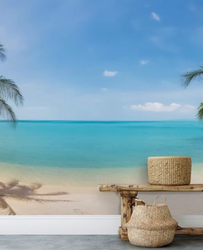 blue and gold custom beach wallpaper mural called Tropical Beach Panoramic for offices, bedrooms and waiting rooms