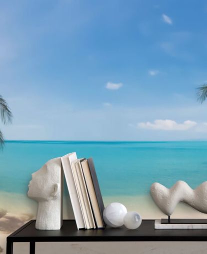 mural de papel de parede de praia personalizado azul e dourado chamado Tropical Beach Panoramic para escritórios, quartos e salas de espera mural de papel de parede de praia personalizado azul e dourado chamado Tropical Beach Panoramic para escritórios, quartos e salas de espera