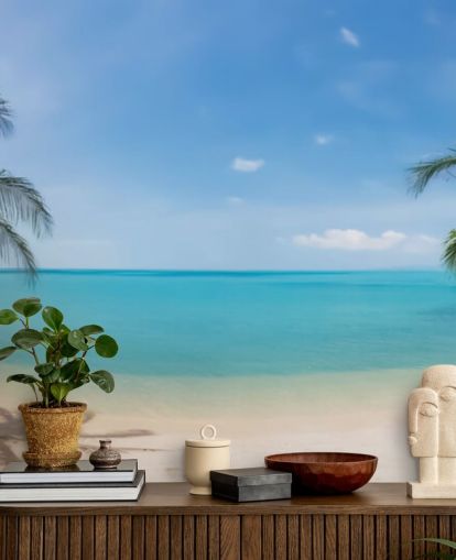 blue and gold custom beach wallpaper mural called Tropical Beach Panoramic for offices, bedrooms and waiting rooms blue and gold custom beach wallpaper mural called Tropical Beach Panoramic for offices, bedrooms and waiting rooms