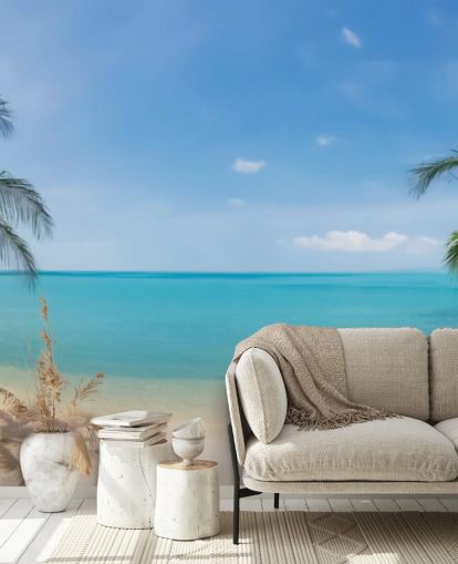 blue and gold custom beach wallpaper mural called Tropical Beach Panoramic for offices, bedrooms and waiting rooms blue and gold custom beach wallpaper mural called Tropical Beach Panoramic for offices, bedrooms and waiting rooms