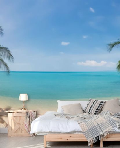 papier peint de plage personnalisé bleu et or appelé Tropical Beach Panoramic pour les bureaux, les chambres et les salles d'attente