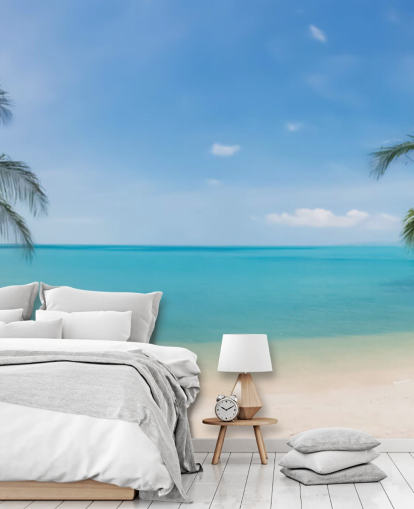 mural de papel de parede de praia personalizado azul e dourado chamado Tropical Beach Panoramic para escritórios, quartos e salas de espera