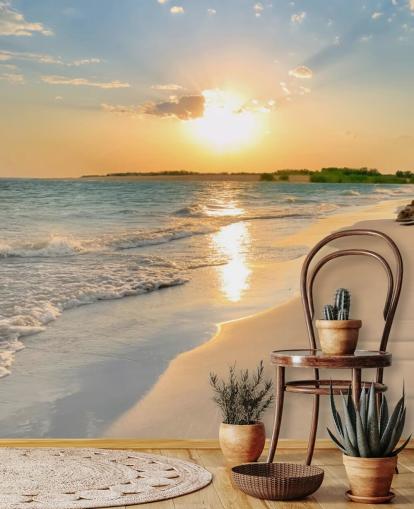 carta da parati murale blu e arancione sulla spiaggia chiamata Tranquil Beach Sunset per uffici
