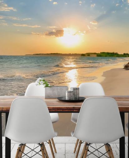 mural de papel pintado de playa azul y naranja llamado Tranquil Beach Sunset para oficinas