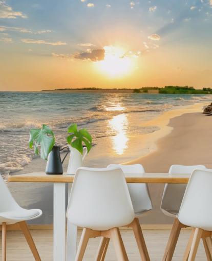 blå og orange strand tapet vægmaleri kaldet Tranquil Beach Sunset til kontorer