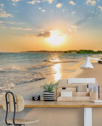 blå og oransje strandtapet veggmaleri kalt Tranquil Beach Sunset for kontorer