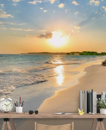 blå och orange strand tapet väggmålning som heter Tranquil Beach Sunset för kontor blå och orange strand tapet väggmålning som heter Tranquil Beach Sunset för kontor