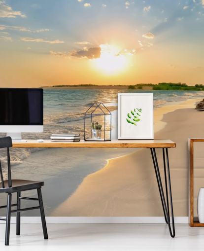 blå och orange strand tapet väggmålning som heter Tranquil Beach Sunset för kontor