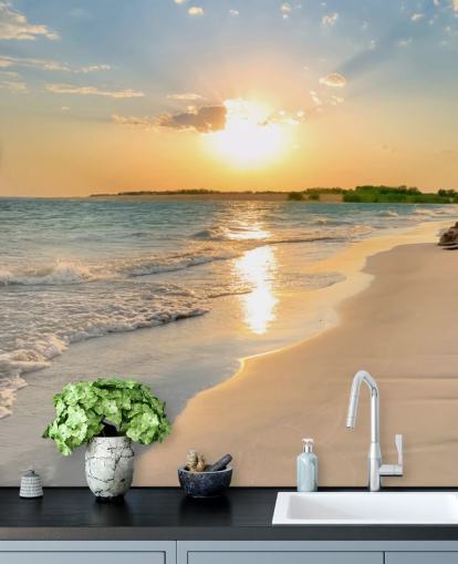 mural de papel pintado de playa azul y naranja llamado Tranquil Beach Sunset para oficinas