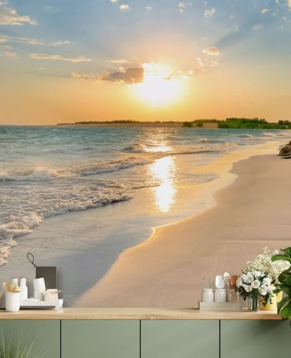 carta da parati murale blu e arancione sulla spiaggia chiamata Tranquil Beach Sunset per uffici