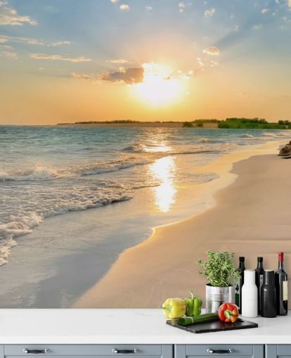 blå og oransje strandtapet veggmaleri kalt Tranquil Beach Sunset for kontorer