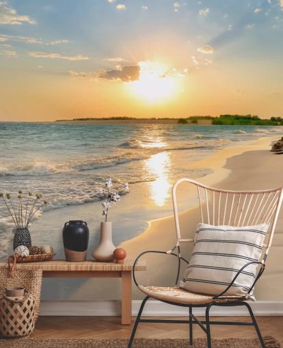 Strandtapete in Blau und Orange mit dem Titel Tranquil Beach Sunset für Büros Strandtapete in Blau und Orange mit dem Titel Tranquil Beach Sunset für Büros