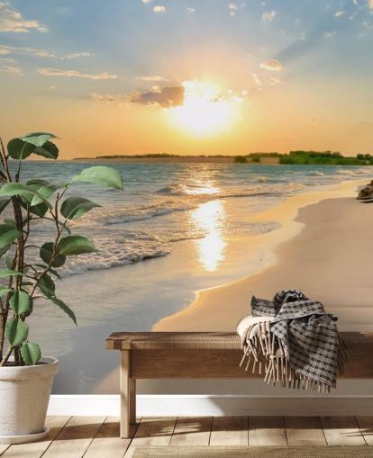 mural de papel de parede de praia azul e laranja chamado Tranquil Beach Sunset para escritórios mural de papel de parede de praia azul e laranja chamado Tranquil Beach Sunset para escritórios