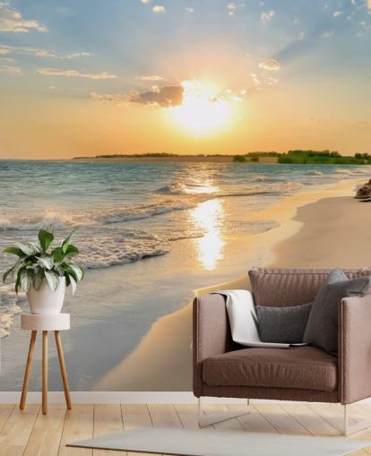 mural de papel pintado de playa azul y naranja llamado Tranquil Beach Sunset para oficinas