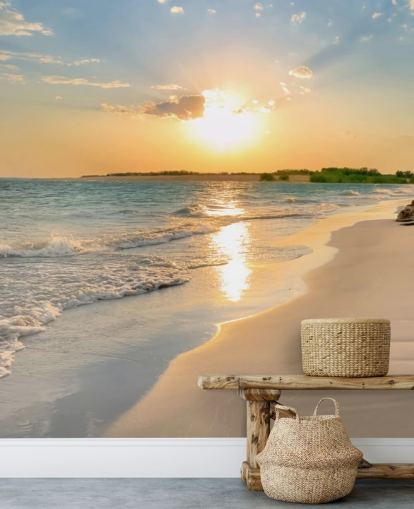 carta da parati murale blu e arancione sulla spiaggia chiamata Tranquil Beach Sunset per uffici