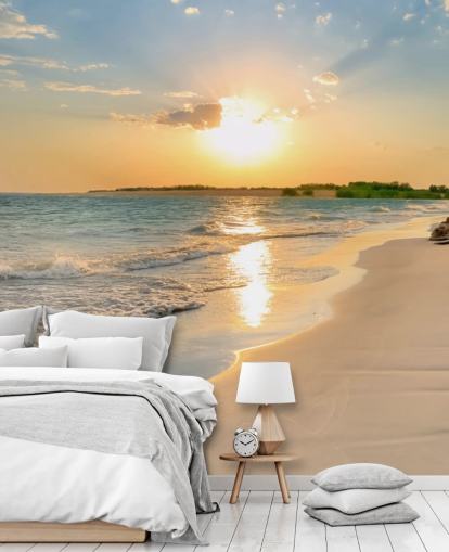 Strandtapete in Blau und Orange mit dem Titel Tranquil Beach Sunset für Büros