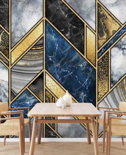 blauwe, grijze en gouden art deco muurschildering