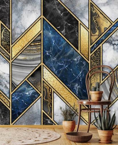 blue, grey and gold art deco wall mural