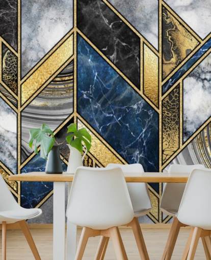 blue, grey and gold art deco wall mural