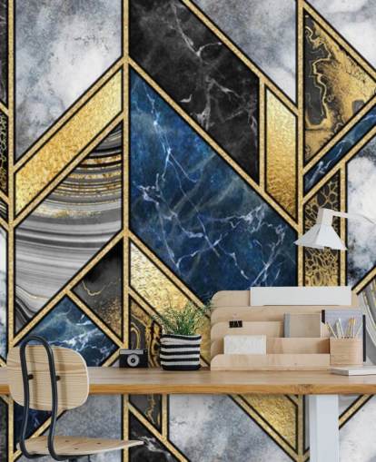 sininen, harmaa ja kulta art deco -seinämaalaus