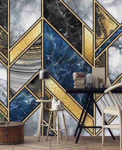mural de parede art déco azul, cinza e dourado mural de parede art déco azul, cinza e dourado