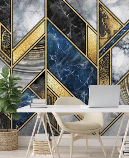 blauwe, grijze en gouden art deco muurschildering blauwe, grijze en gouden art deco muurschildering