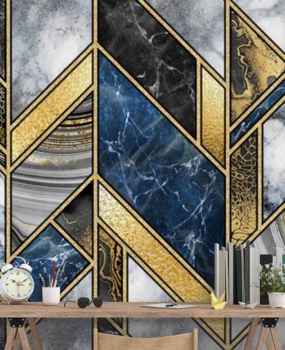 mural de pared art deco azul, gris y dorado